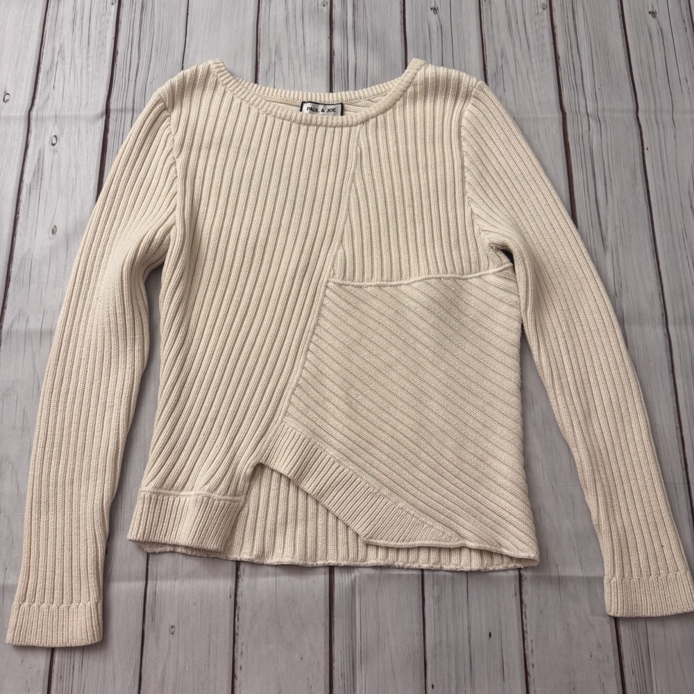 Paul & Joe Paris Women's Ribbed Asymmetrical‎ Knit Sweater Cream Size 3 Medium